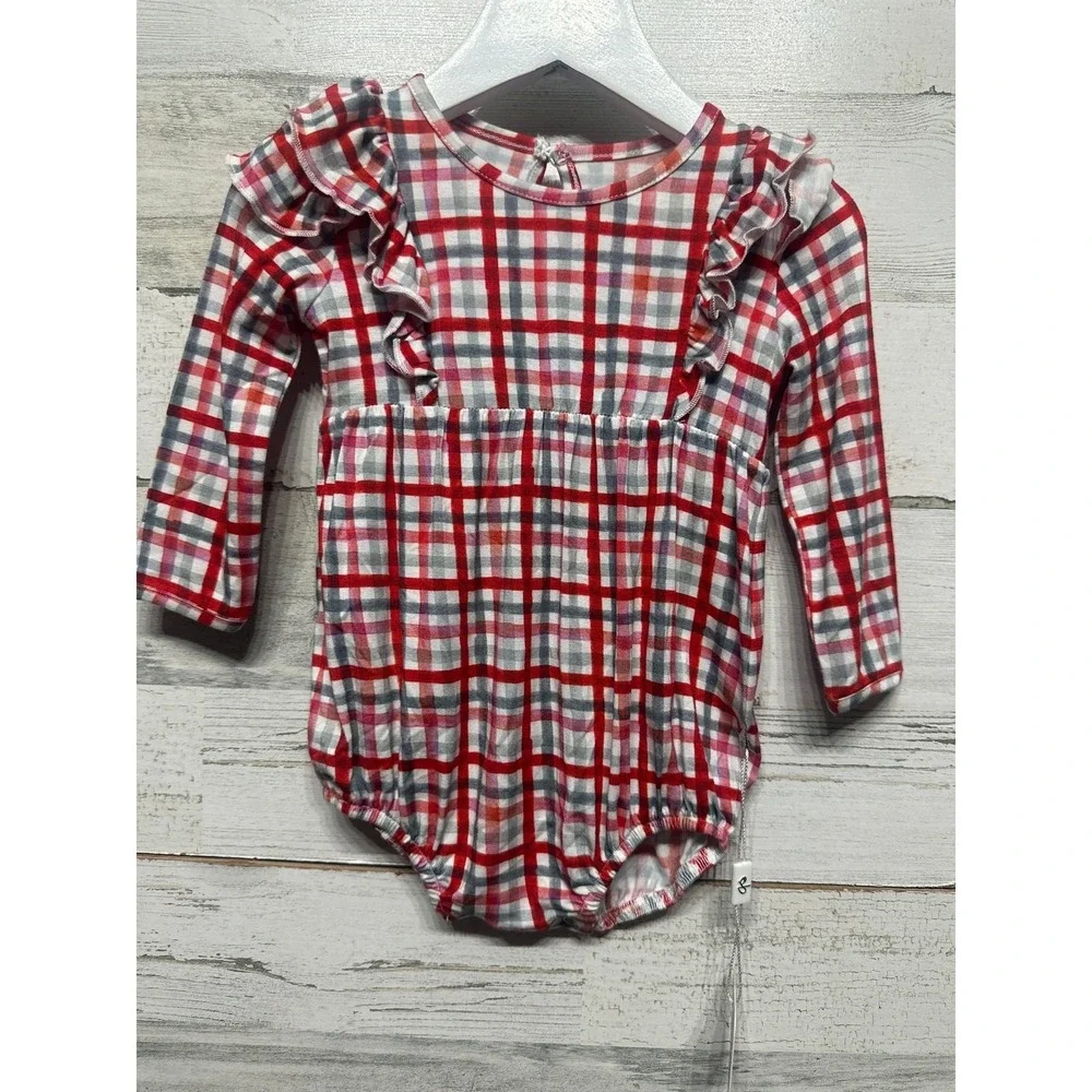 Birdie Bean Romper Girls 6-12M Red Plaid Ruffle Bamboo Viscose NWT